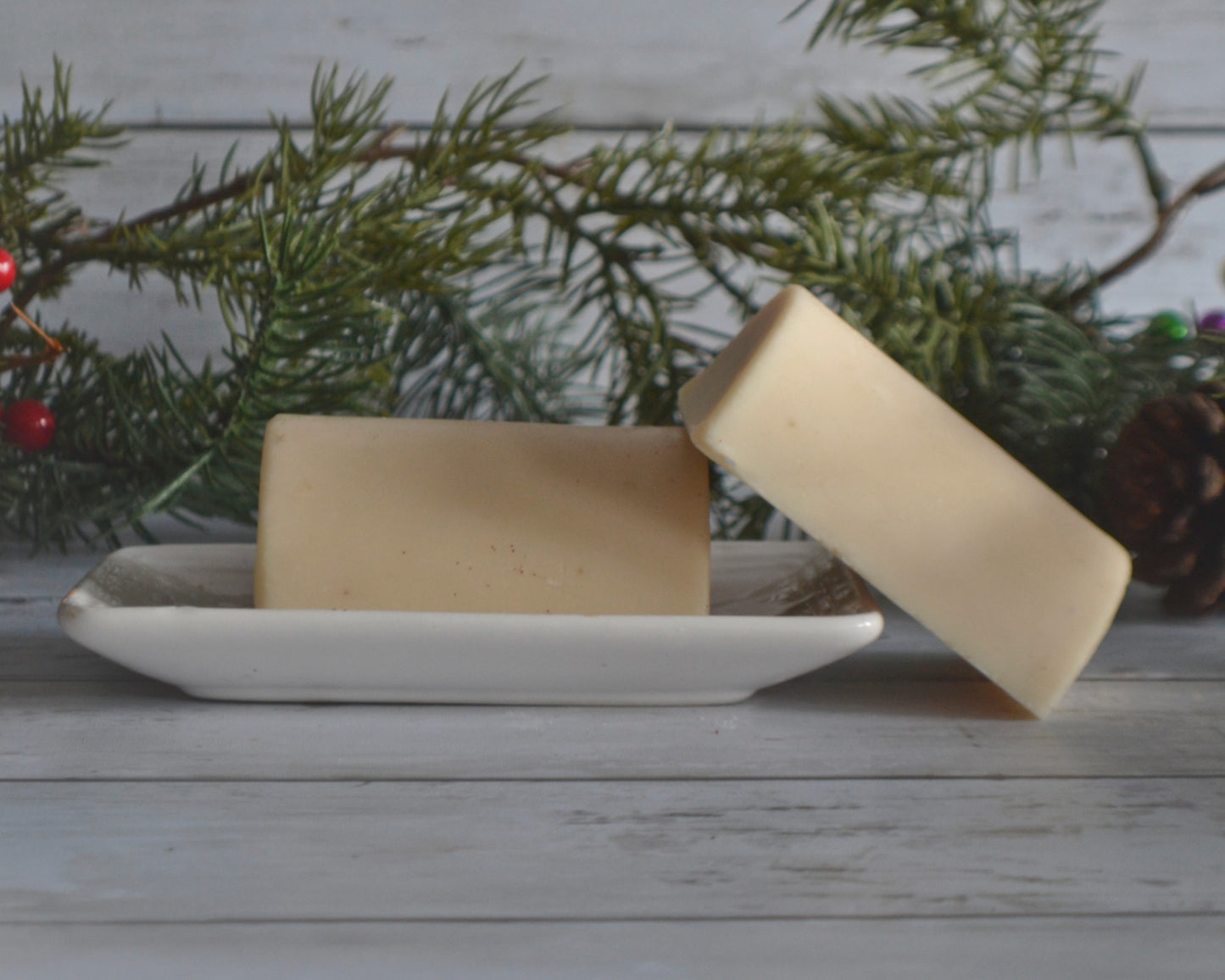 white soap bars on plate with greenery background