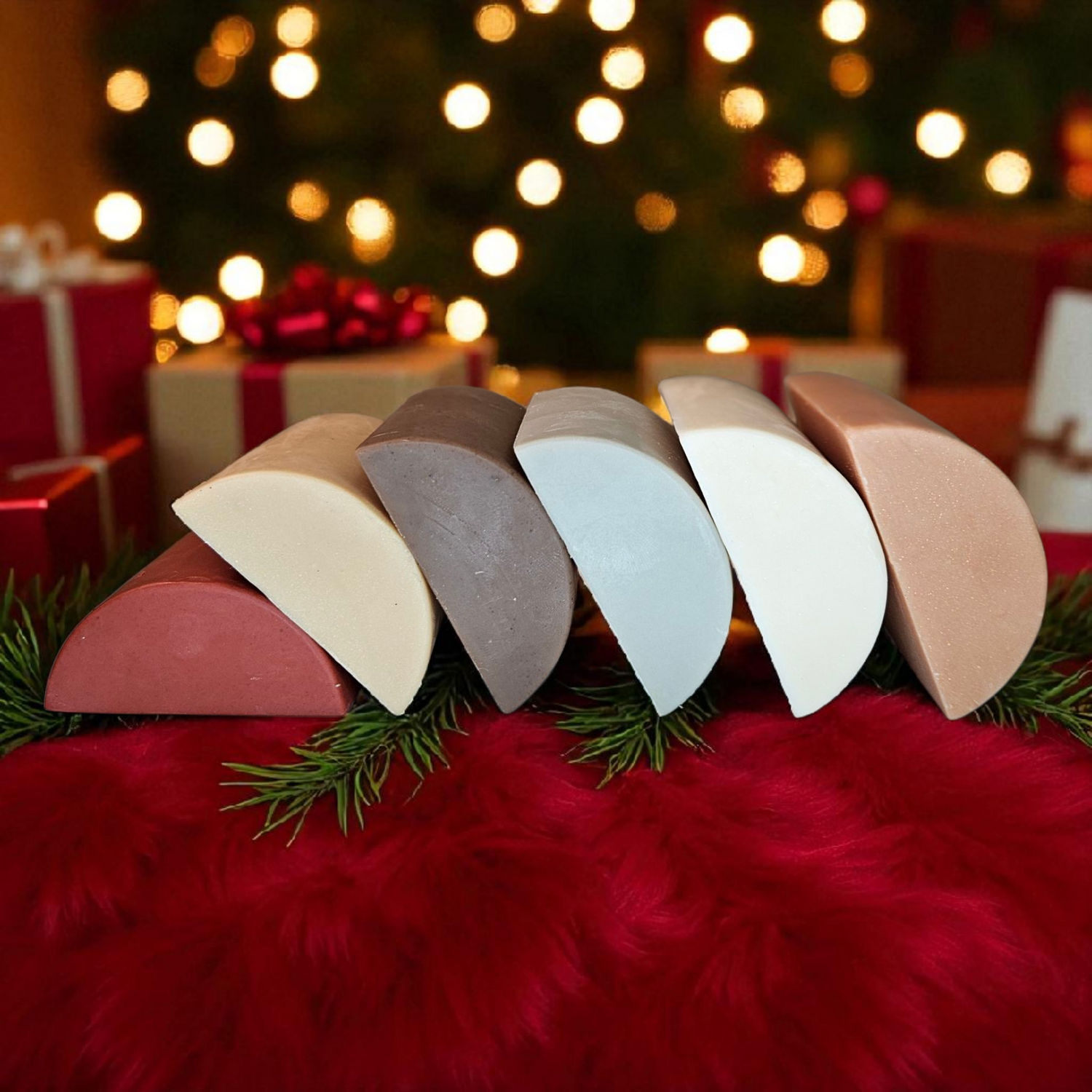 bars of soap with a christmas background